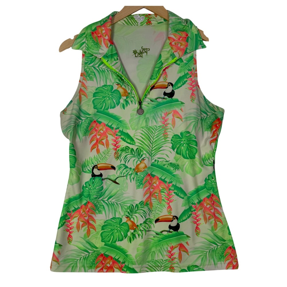 Tzu Tzu Womens Large Green Tropical Toucan Golf Sleeveless Zip Polo Resort